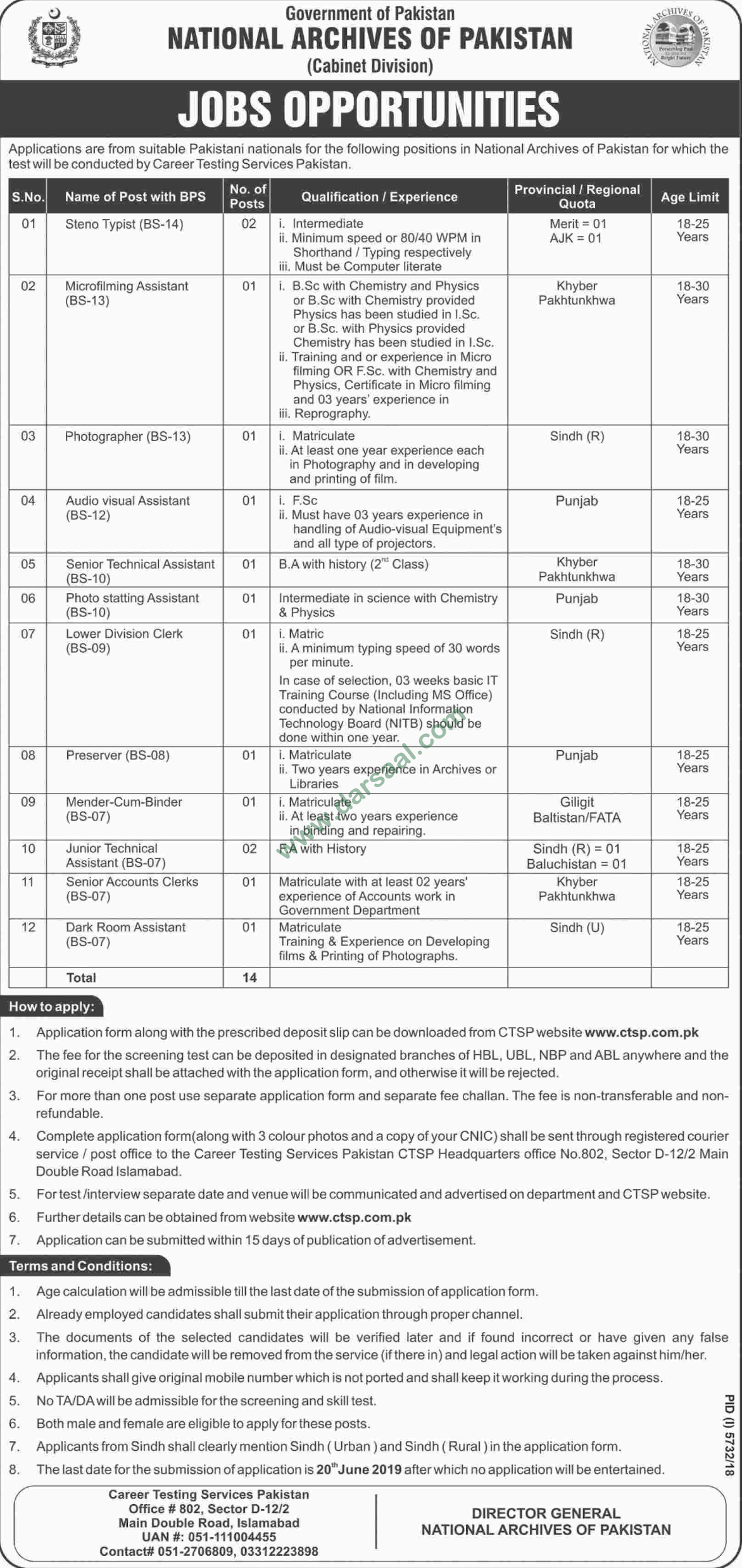 Photostatting Assistant Jobs in National Archives of Pakistan in Lahore - May 30, 2019