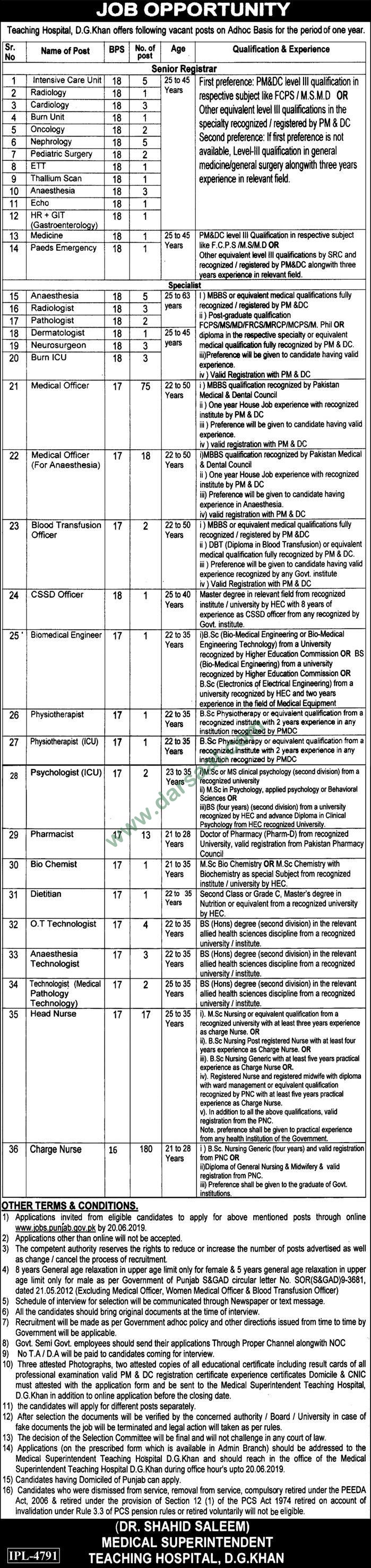 Specialist Jobs in Teaching Hospital in Dera Ghazi Khan - May 30, 2019