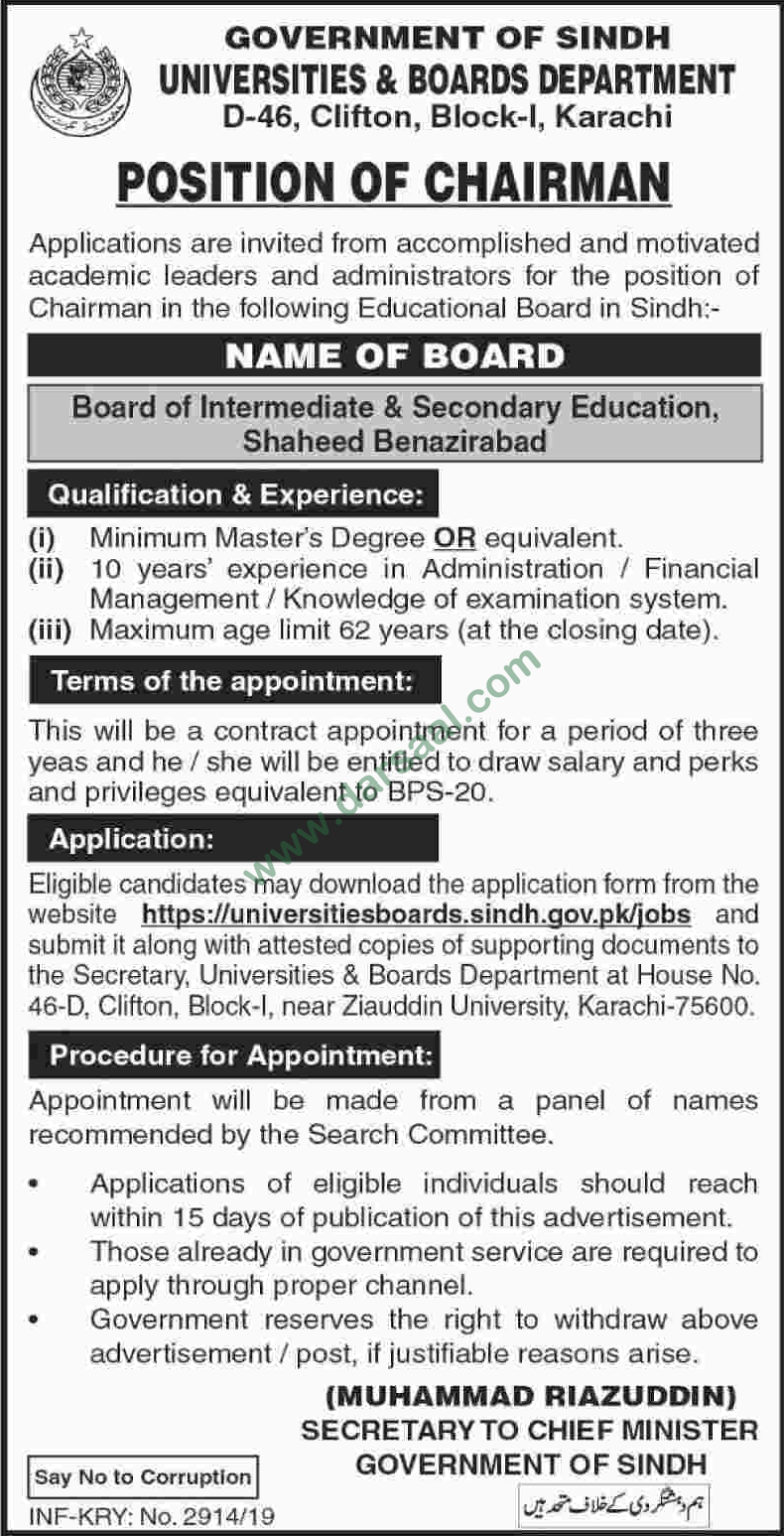 Chairman Jobs In University & Board Department In Karachi 31 May 2019