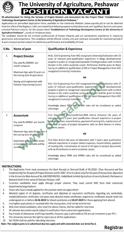 Project Director Jobs in University of Agriculture in Peshawar - Jun 01, 2019