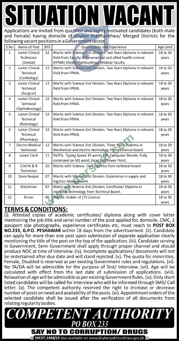 M&R Technician Jobs in Government Departments in Peshawar - Jun 01, 2019