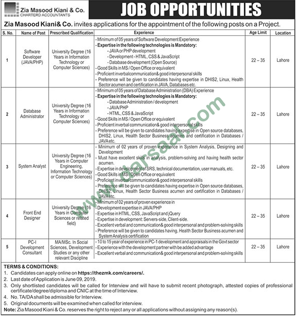 Database Administrator Jobs in Zia Masood Kiani & Co. Chartered Accountants in Lahore - Jun 02, 2019