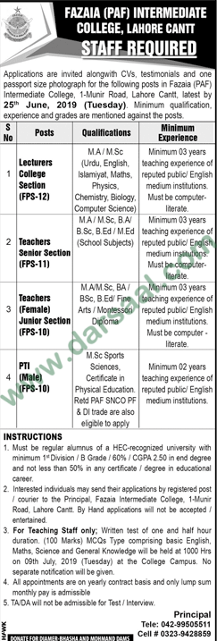 Lecturer Jobs in Fazaia Intermediate College in Lahore - Jun 04, 2019
