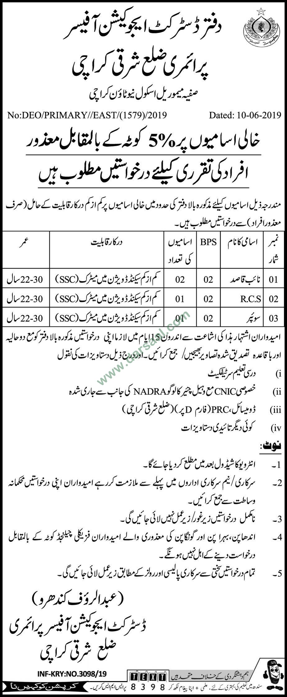 Naib Qasid Jobs in District Education Officer in Karachi - Jun 13, 2019