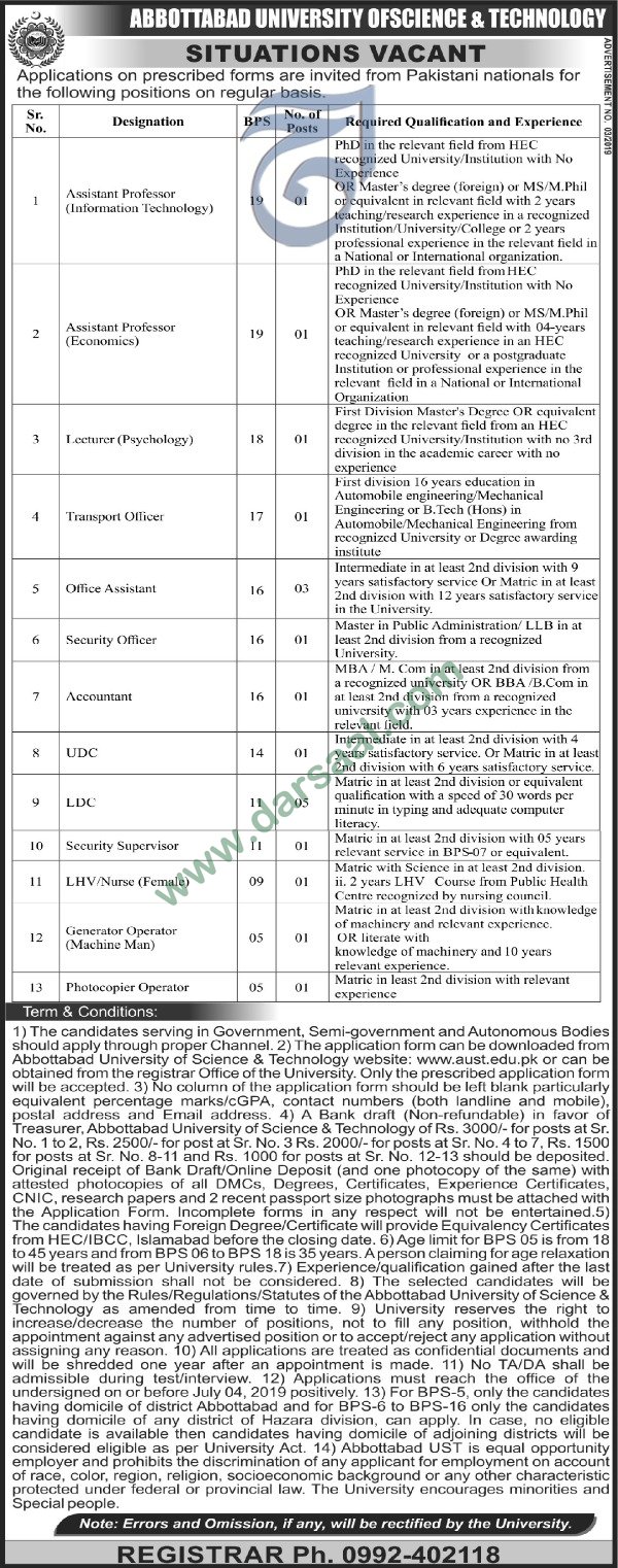 Lady Health Visitor Jobs in Abbottabad University of Science & Technology in Abbottabad - Jun 19, 2019