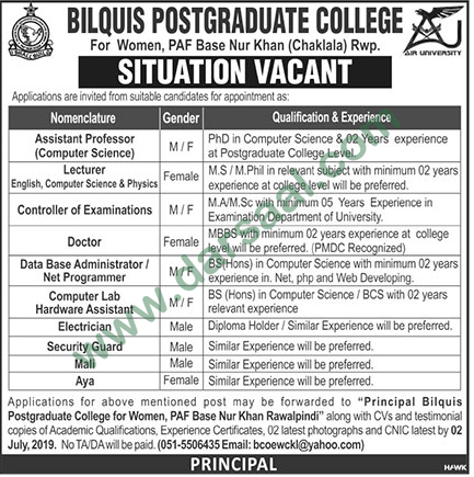 Database Administrator Jobs in Bilquis Education College For Women in Rawalpindi - Jun 23, 2019