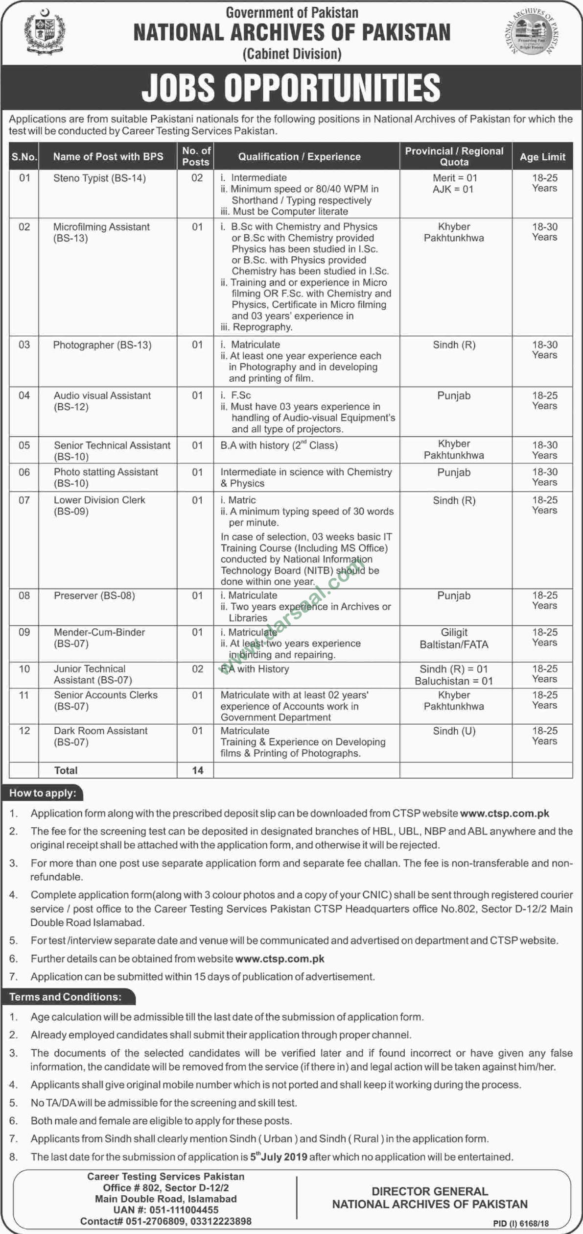 Senior Technical Assistant Jobs in National Archives of Pakistan in Islamabad - Jun 23, 2019