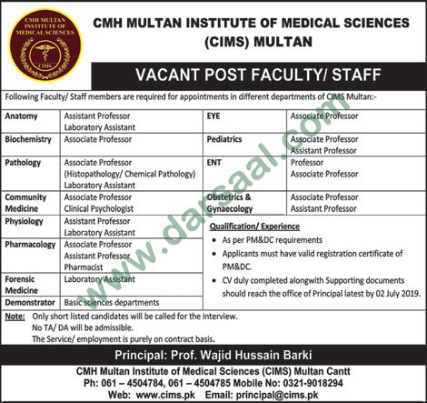 Professor Jobs in CMH Multan Institute Of Medical Sciences in Multan - Jun 23, 2019