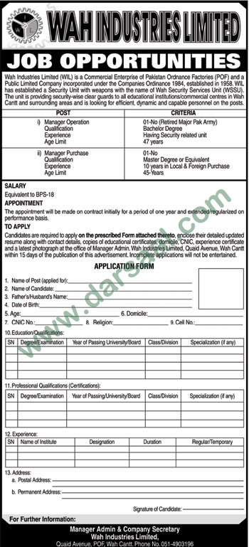 Manager Operations Jobs in Wah Industries Limited in Wah Cantt - Jun 23, 2019