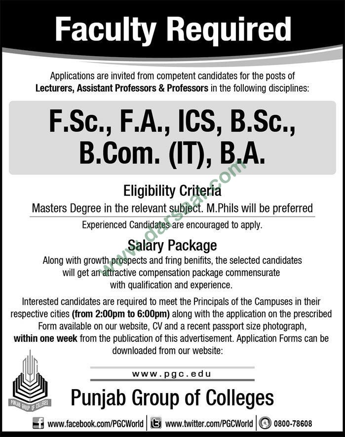 Professor Jobs in Punjab Group of Colleges in Lahore - Jun 23, 2019
