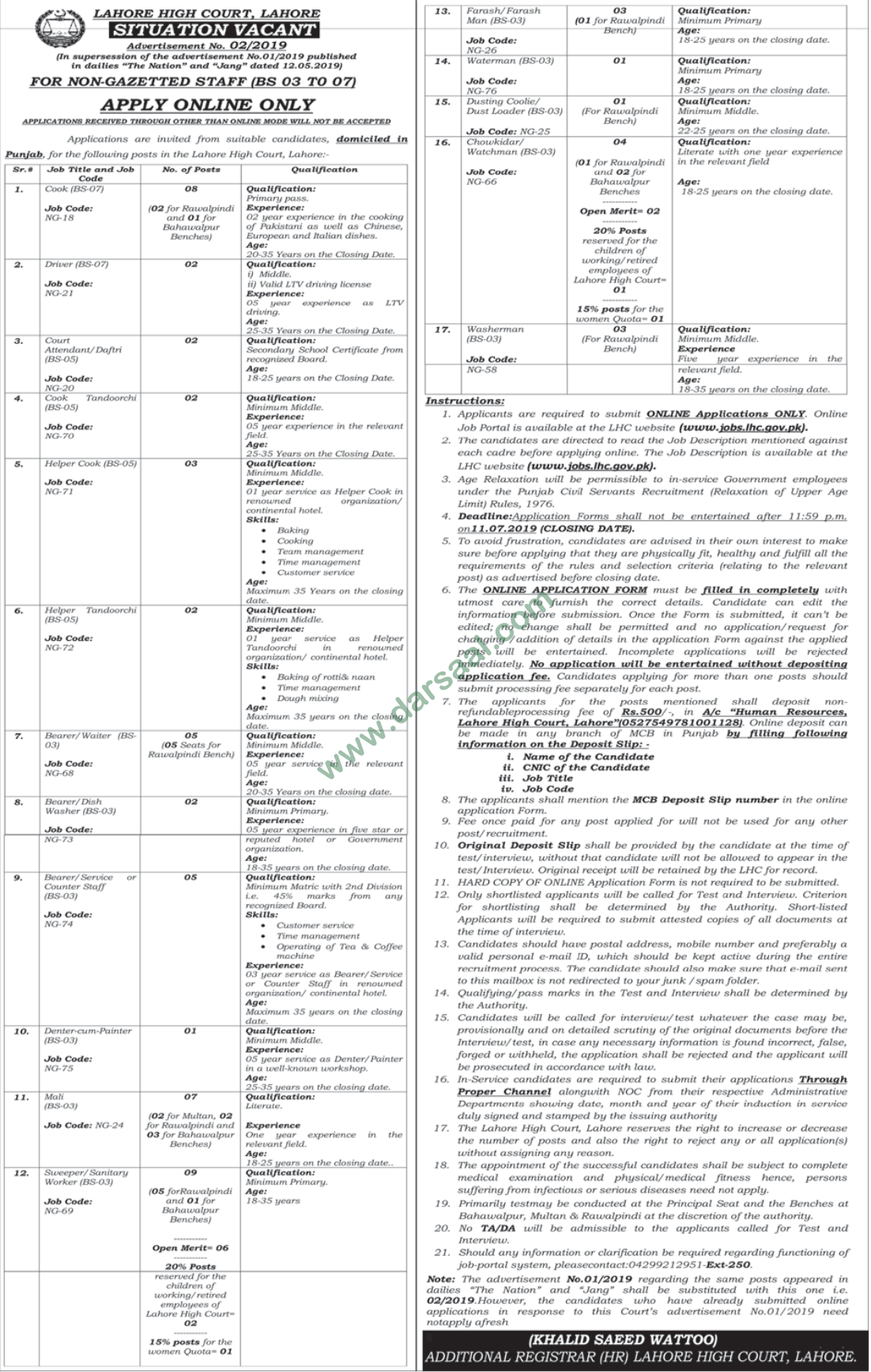 Farrash Jobs In Lahore High Court In Lahore 26 Jun 2019 Darsaal