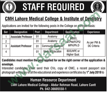 Assistant Professor Jobs in CMH Lahore Medical College & Institute of Dentistry in Lahore - Jun 26, 2019