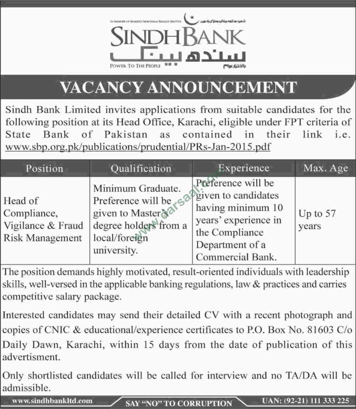 Head of Compliance Jobs in Sindh Bank in Karachi - Jun 27, 2019