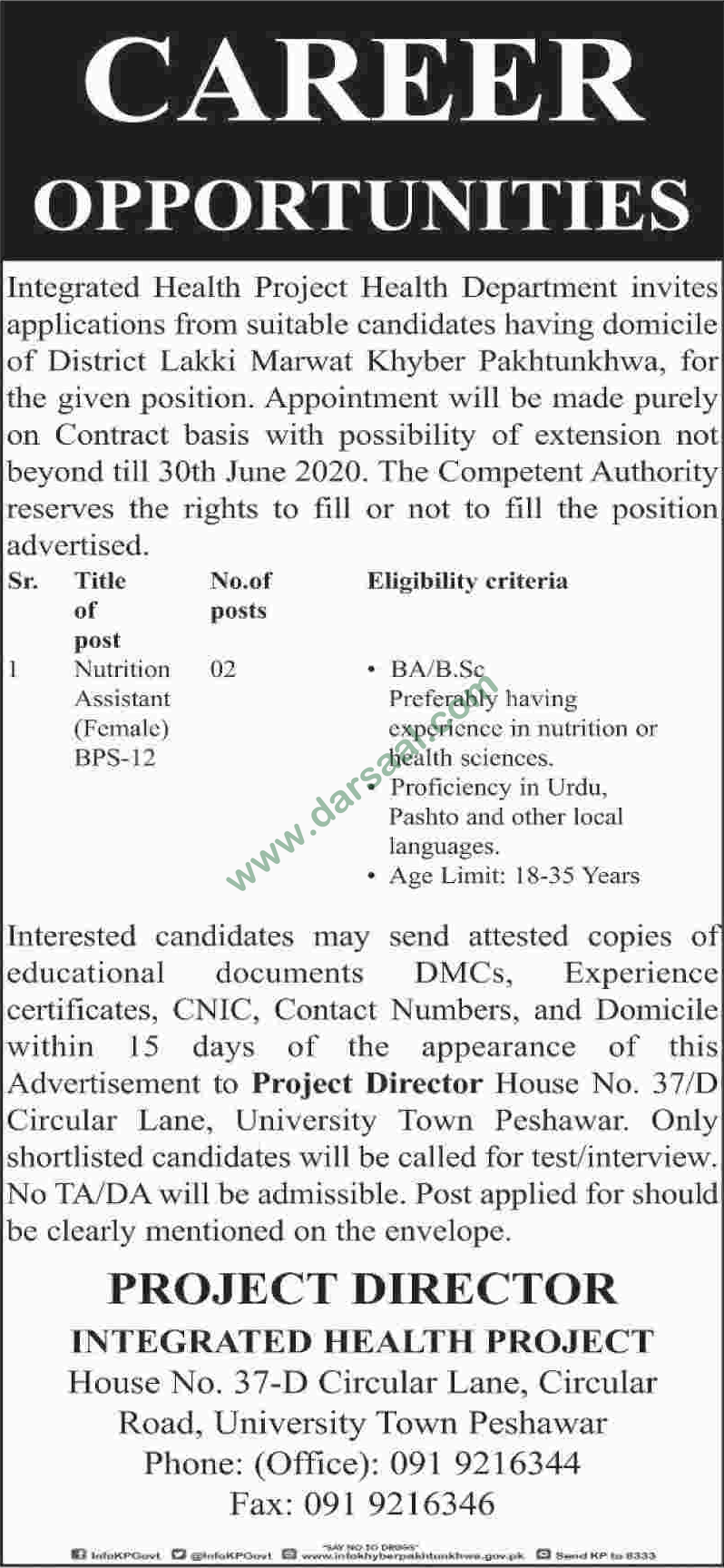 Nutrition Assistant Jobs in Health Department in Peshawar - Jun 28, 2019