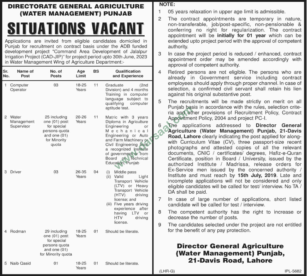 Naib Qasid Jobs in Agriculture Department in Lahore - Jun 28, 2019