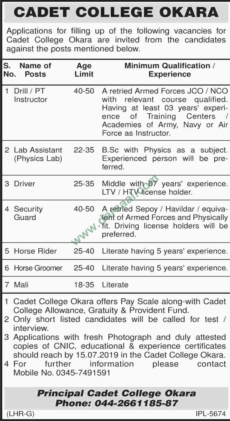 Lab Assistant Jobs in Cadet College in Okara - Jun 28, 2019