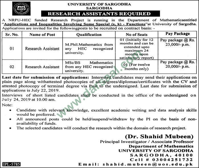 Research Assistant Jobs in University of Sargodha in Sargodha - Jun 28, 2019