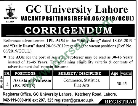 Assistant Professor Jobs in Government College University in Lahore - Jun 28, 2019