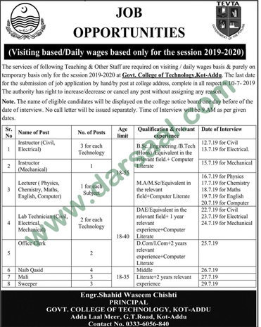 Instructor Jobs in Technical Education & Vocational Training Authority - TEVTA in Kot Addu - Jul 03, 2019