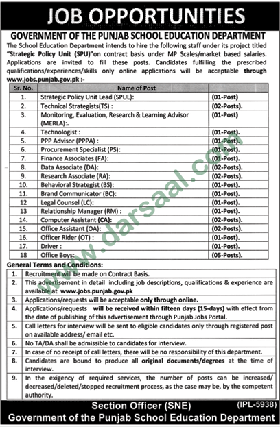 Office Boy Jobs in Punjab School Education Department in Lahore - Jul 03, 2019