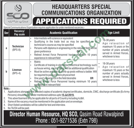 Technician Jobs in Special Communications Organization in Rawalpindi - Jul 04, 2019