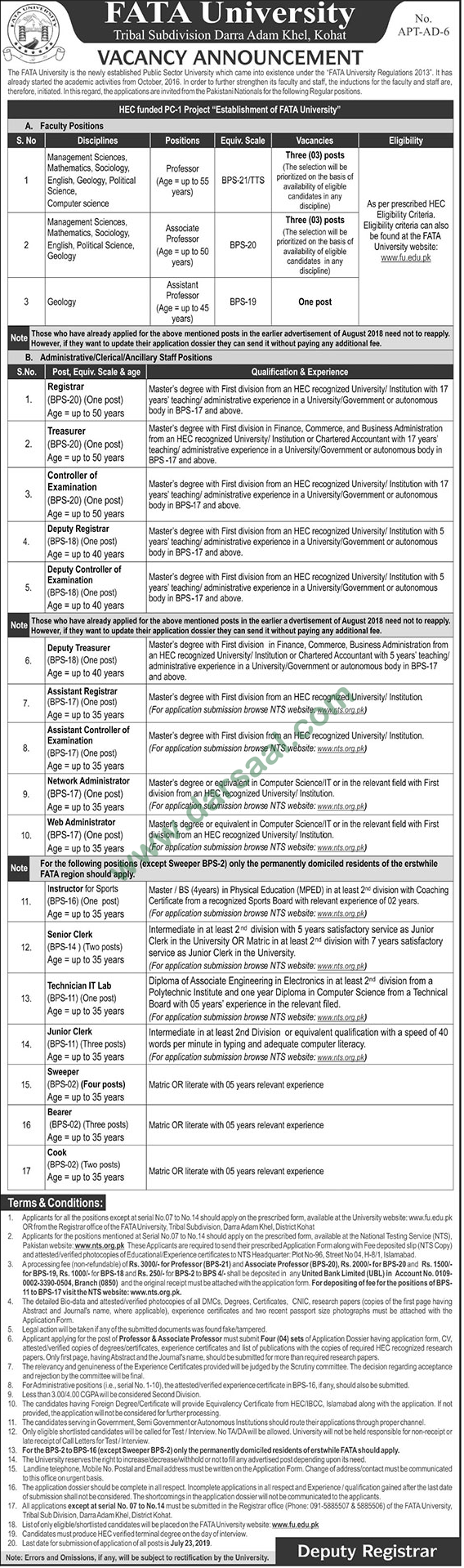 Registrar Jobs in FATA University in Kohat - Jul 05, 2019