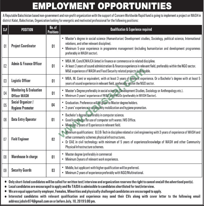 Logistics Officer Jobs in WASH in Kalat - Jul 05, 2019