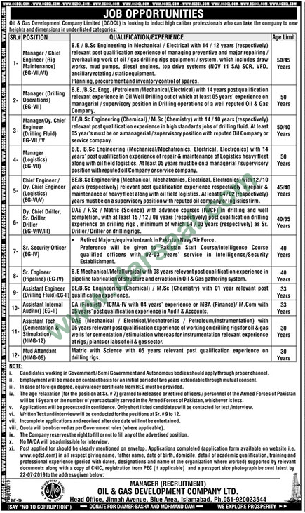 Chief Engineer Jobs in Oil & Gas Development Company in Islamabad - Jul 06, 2019