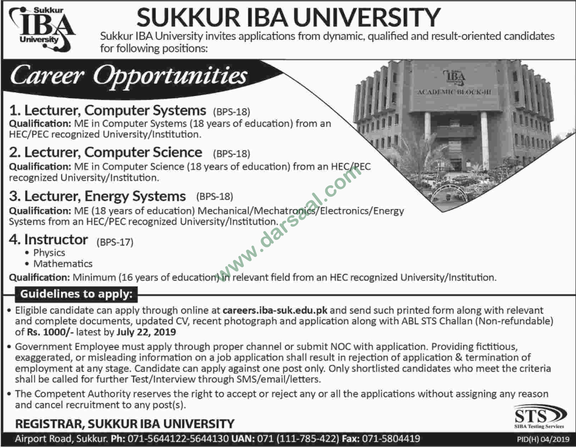 Instructor Jobs in Sukkur IBA University in Sukkur - Jul 07, 2019