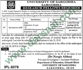 Secretariat Staff Jobs in University of Sargodha in Sargodha - Jul 11, 2019
