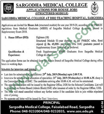 House Officer Jobs in Sargodha Medical College in Sargodha - Jul 11, 2019