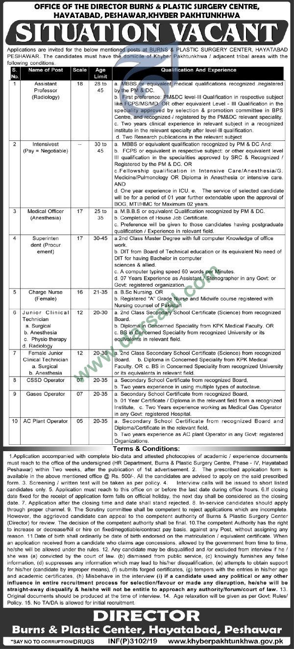 Charge Nurse Jobs in Burns & Plastic Surgery center in Peshawar - Jul 11, 2019