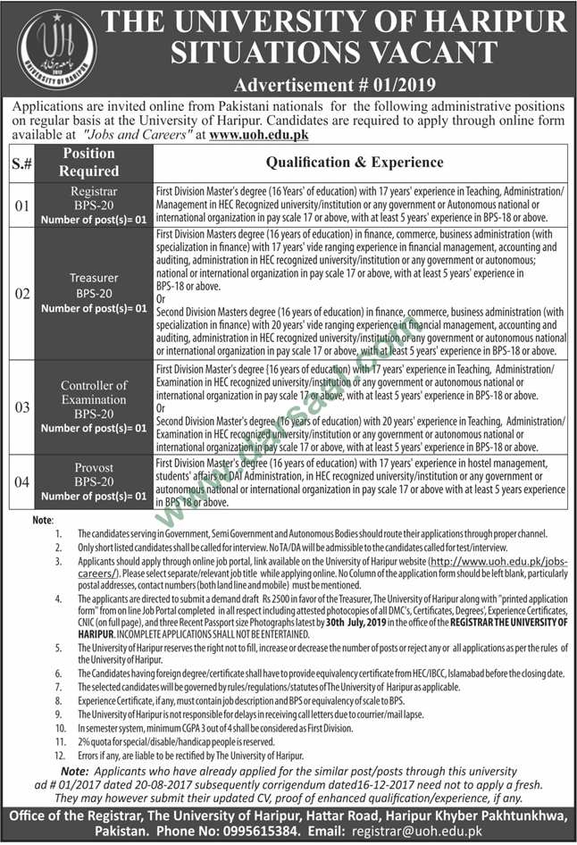 Examination Controller Jobs in University of Haripur in Haripur - Jul 14, 2019