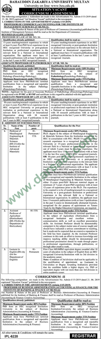 Assistant Professor Jobs in Bahauddin Zakariya University - BZU in Multan - Jul 14, 2019