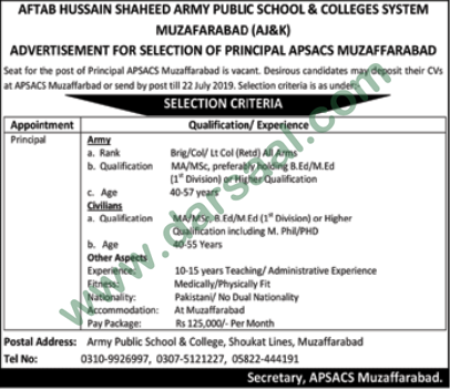 Principal Jobs in Army Public Schools & Colleges in Muzaffarabad - Jul 16, 2019
