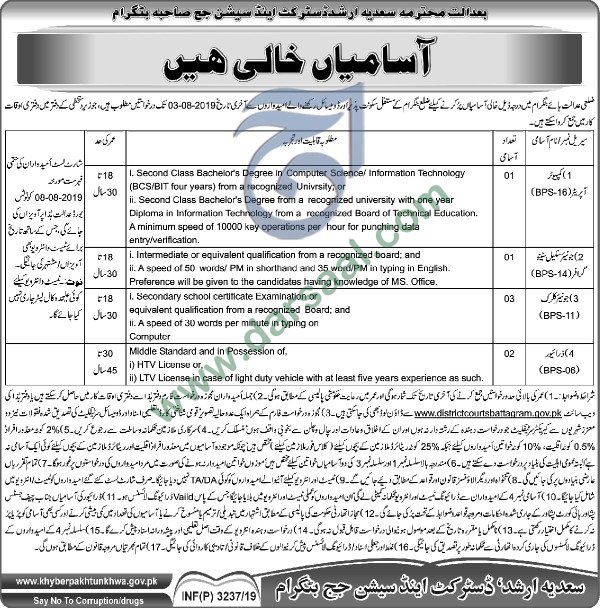 Computer Operator Jobs in District & Sessions Judge in Battagram - Jul 18, 2019