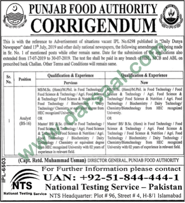 Analyst Jobs in Punjab Food Authority - PFA in Lahore - Jul 19, 2019