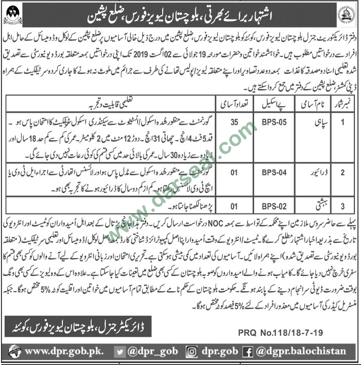 Sepoy Jobs in Balochistan Levies Force QRF in Quetta - Jul 19, 2019