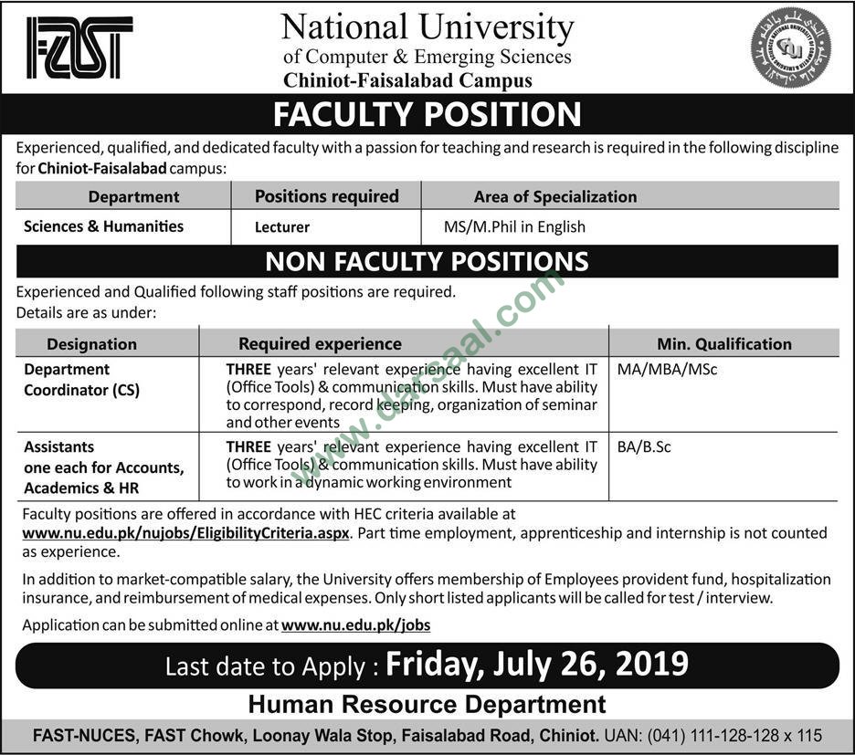 Coordinator Jobs in National University of Computer and Emerging Sciences in Faisalabad - Jul 19, 2019