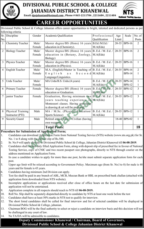 Instructor Jobs in Divisional Public School & College in Khanewal - Jul 23, 2019