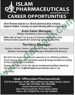 Territory Manager Jobs in Islam Pharmaceuticals in Bahawalnagar - Jul 25, 2019