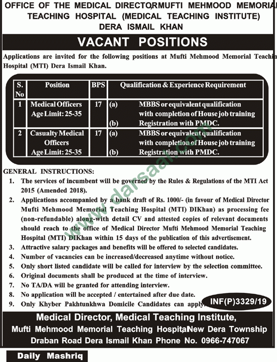 Medical Officer Jobs in Medical Teaching Institution in Dera Ismail Khan - Jul 25, 2019