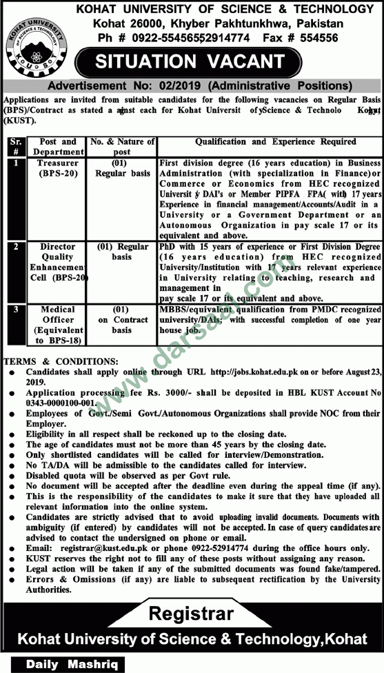 Treasurer Jobs in Kohat University of Science and Technology in Kohat - Jul 25, 2019