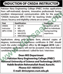 Instructor Jobs in Pakistan Navy Engineering College in Karachi - Jul 26, 2019