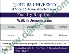 Lecturer Jobs in Qurtuba University of Science & Information Technology in Peshawar - Jul 26, 2019