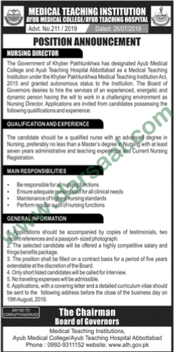 Nursing Director Jobs in Medical Teaching Institution in Abbottabad - Jul 27, 2019