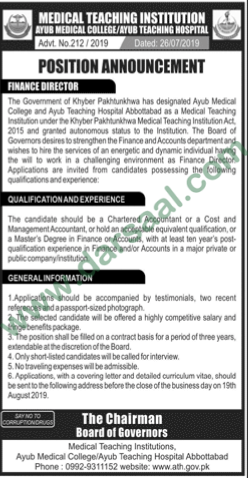 Finance Director Jobs in Medical Teaching Institution in Abbottabad - Jul 27, 2019