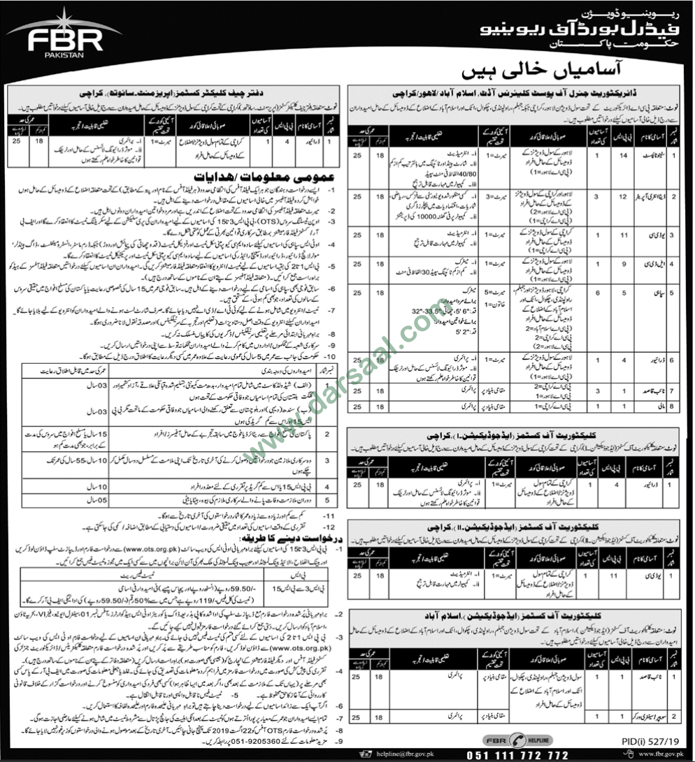 Sepoy Jobs in Federal Board of Revenue - FBR in Quetta - Jul 27, 2019