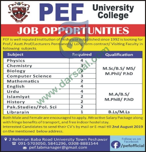 Lecturer Jobs in PEF College in Peshawar - Jul 28, 2019