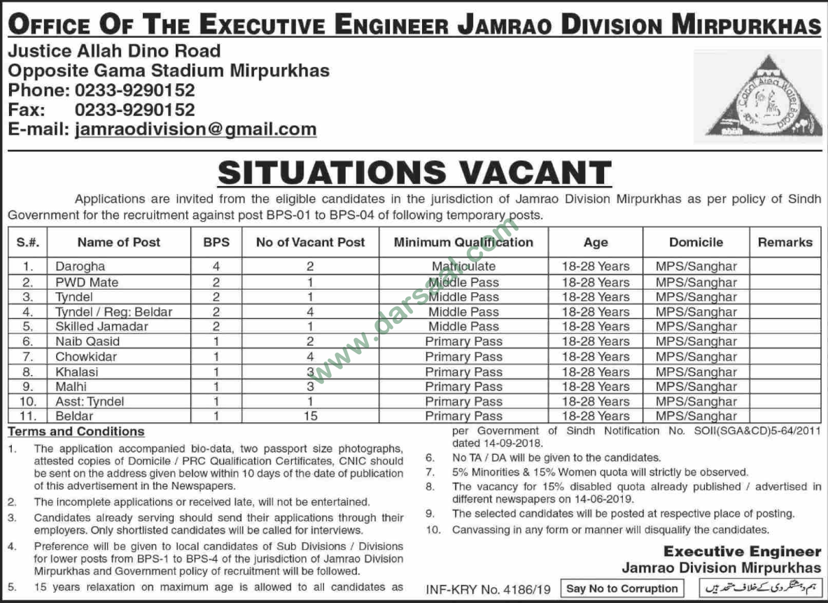 Skilled Jamadar Jobs in Government Departments in Mirpur Khas - Jul 28, 2019